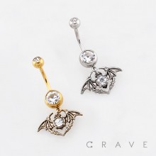 DANGLING ANTIQUE-STYLE BAT CHARM BELLY BUTTON NAVEL RING 316L SURGICAL STEEL